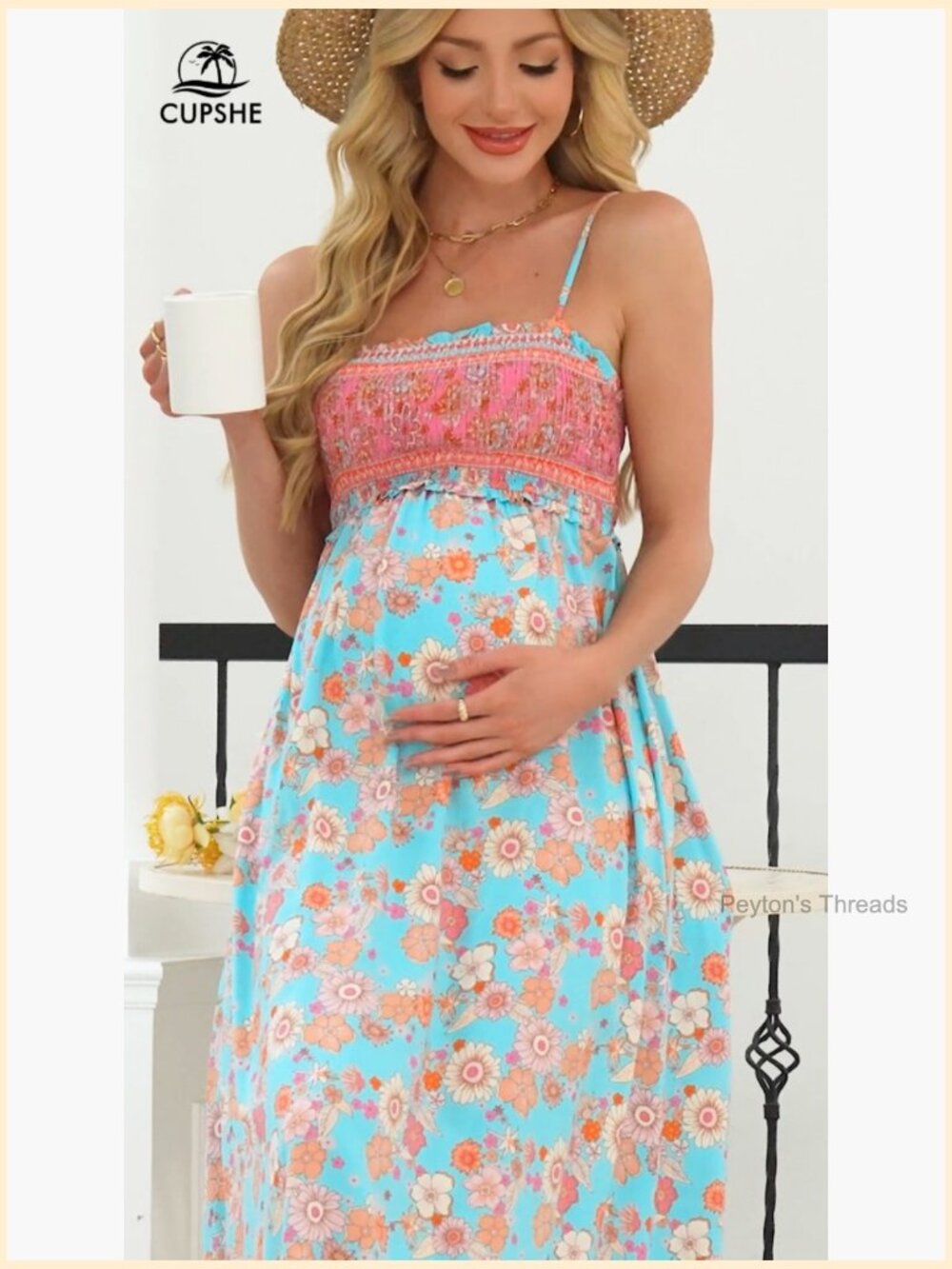 Maternity Maxi Dress Square Neck Smocked Ruched Flowy Pregnancy Baby Shower - Picture 7 of 7